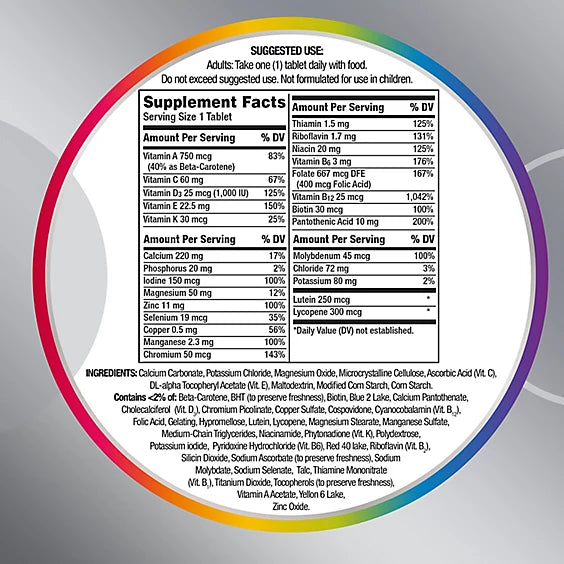 Supplement label with detailed nutritional information on a gray background