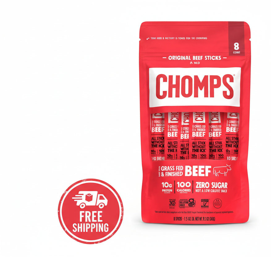 Red package of CHOMPS Original Beef Sticks on a white background
