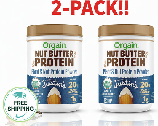 Two jars of Orgain Nut Butter Protein powder with a '2-Pack!!' label on a white background.