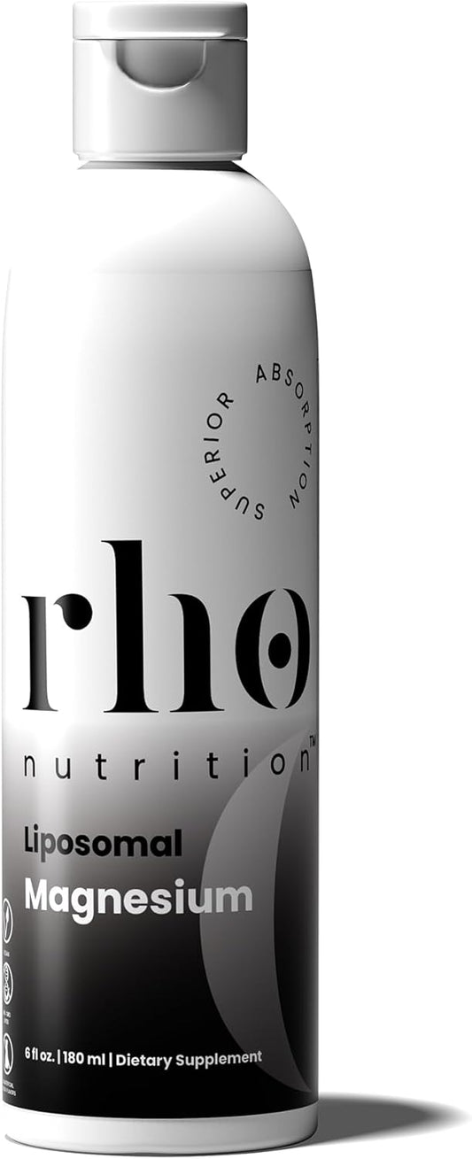 White bottle of rho nutrition liposomal magnesium supplement on a white background