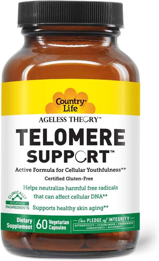 Vitamin supplement bottle labeled 'Telomere Support' by Country Life on a white background