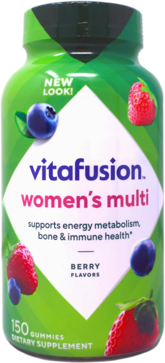 Vitafusion Women's Multi gummy supplement bottle with berry flavors on a green background