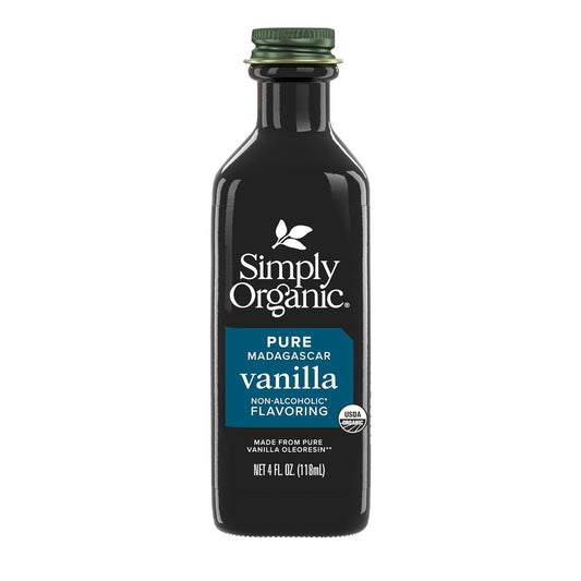 Bottle of Simply Organic pure Madagascar vanilla flavoring on a white background