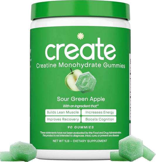 Green container of 'create' Creatine Monohydrate Gummies with sour green apple flavor on a white background.