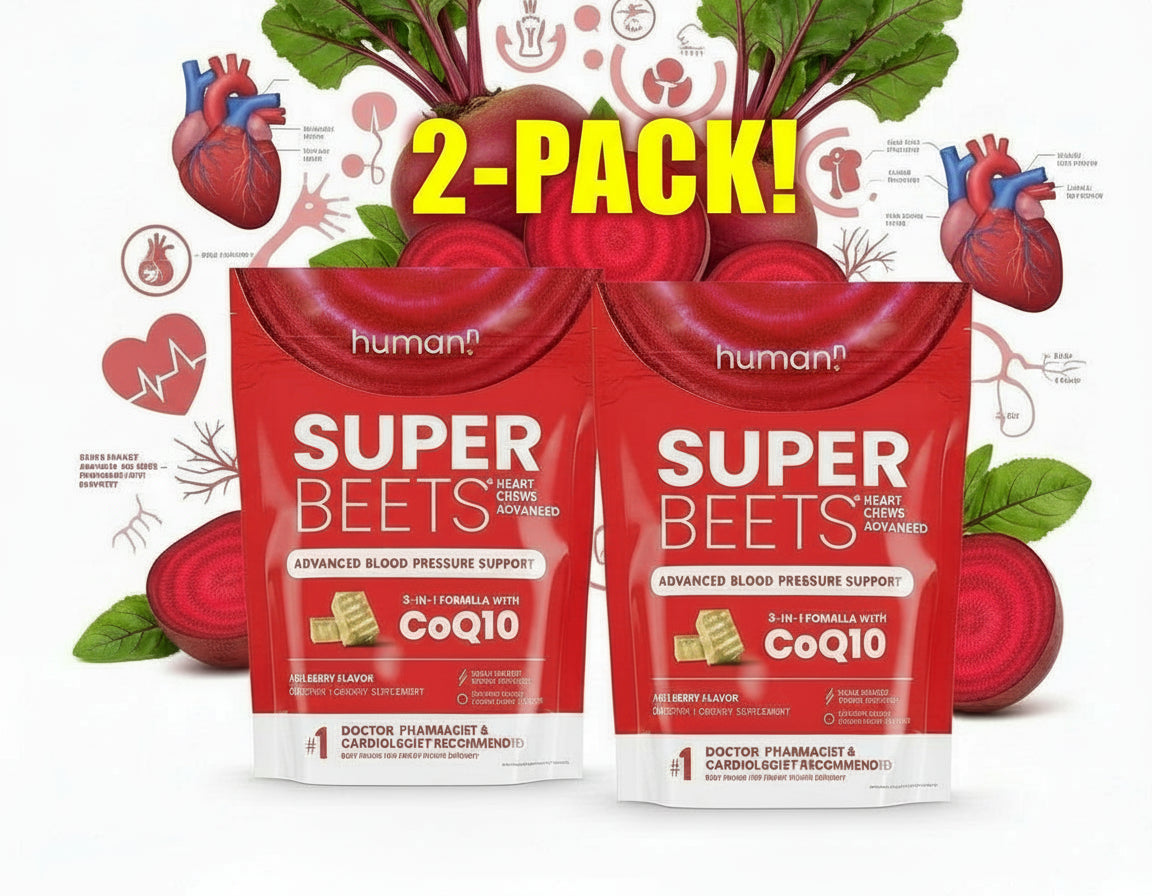 Two packages of 'Super Beets' with CoQ10 on a white background, featuring the brand 'human.'