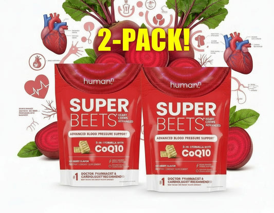 Two packages of 'Super Beets' with CoQ10 on a white background, featuring the brand 'human.'