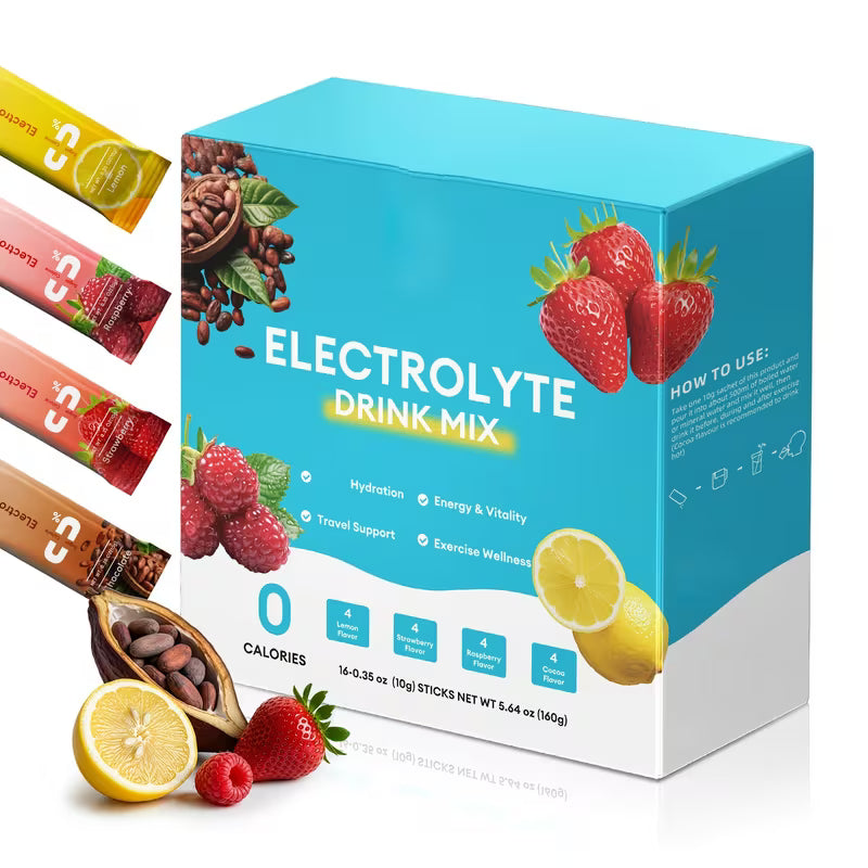 Electrolyte drink mix box with colorful packaging and lemon and strawberry graphics.