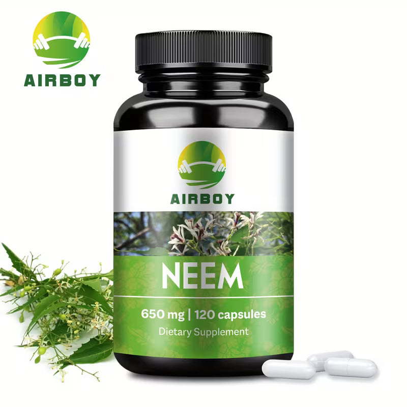 Airboy Neem dietary supplement bottle with capsules on a white background