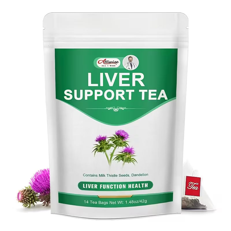 Liver support tea package with green and white design on a white background