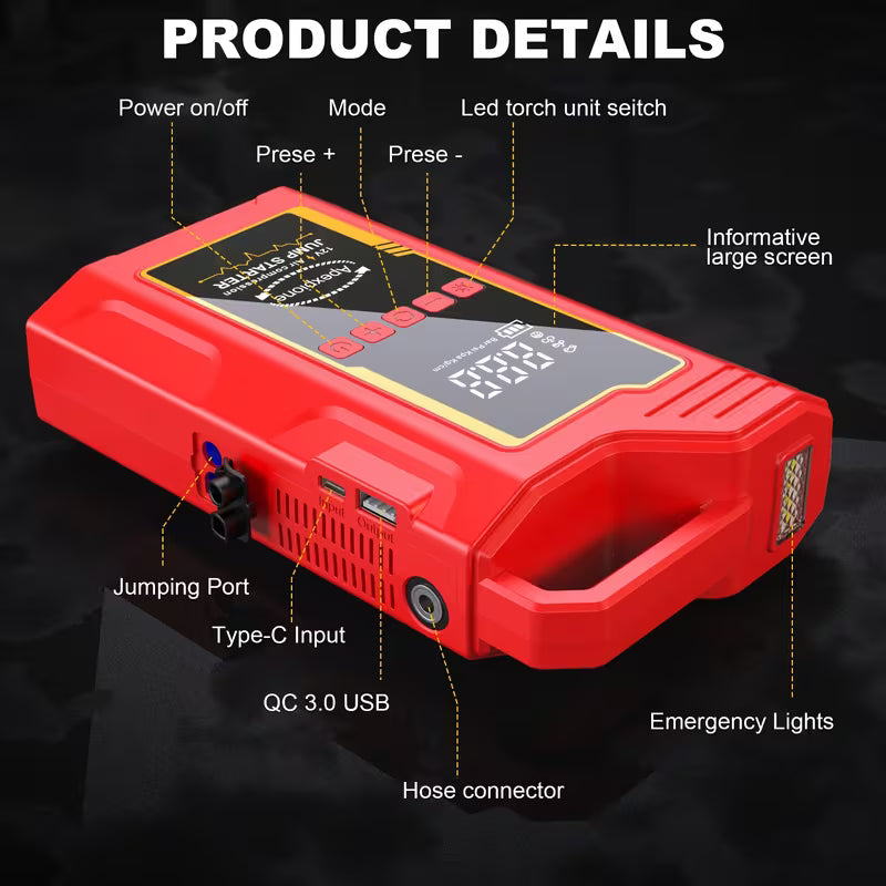 Red jump starter with labeled features on a black background