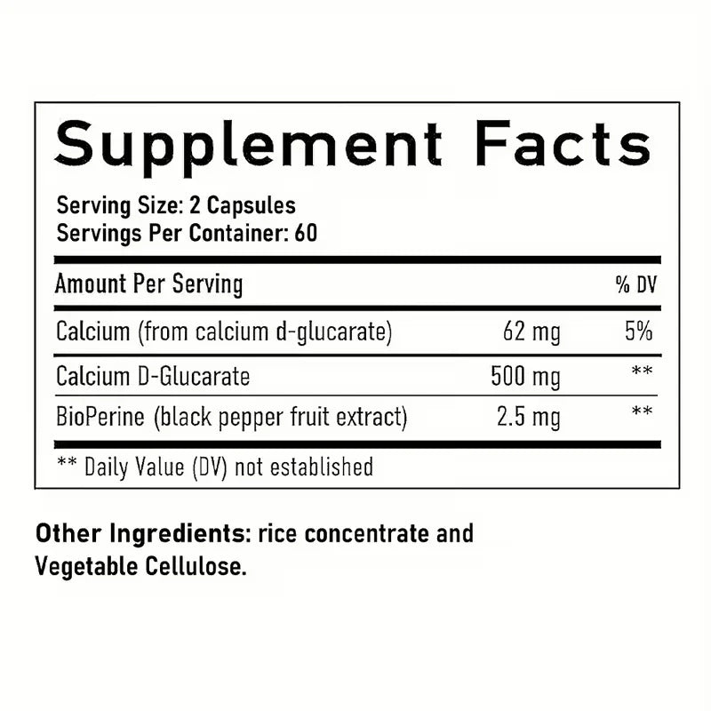Calcium D-Glucarate 500mg + Black Pepper | Liver & Bone Health – 120 Capsules Peaceful Pleasures
