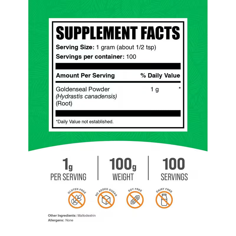 Supplement facts label for Goldenseal Powder on a green background