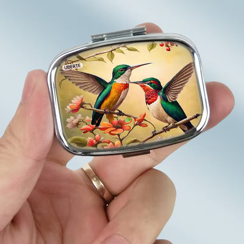 4pcs Flower & Hummingbird Metal Pill Box, Double Compartment Peaceful Pleasures