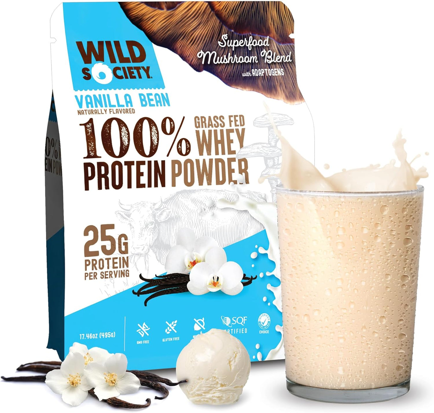 Wild Society vanilla bean protein powder package with a glass of protein shake.