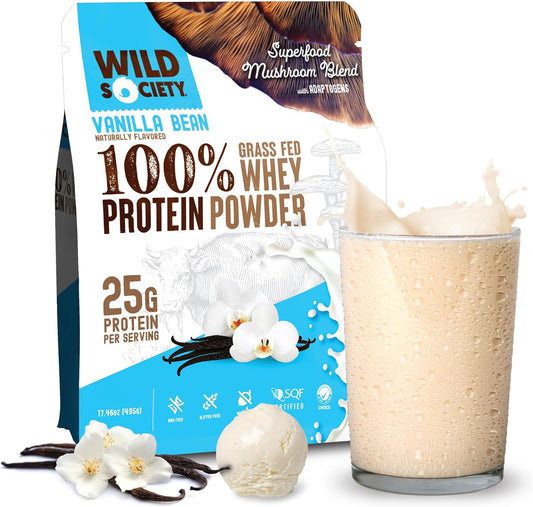 Wild Society vanilla bean protein powder package with a glass of protein shake.