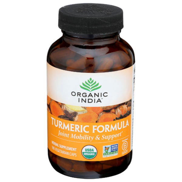 Bottle of Organic India Turmeric Formula supplement on a white background