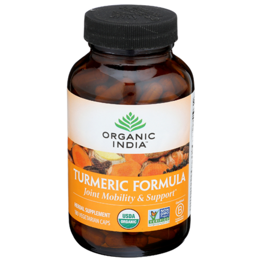 Bottle of Organic India Turmeric Formula supplement on a white background