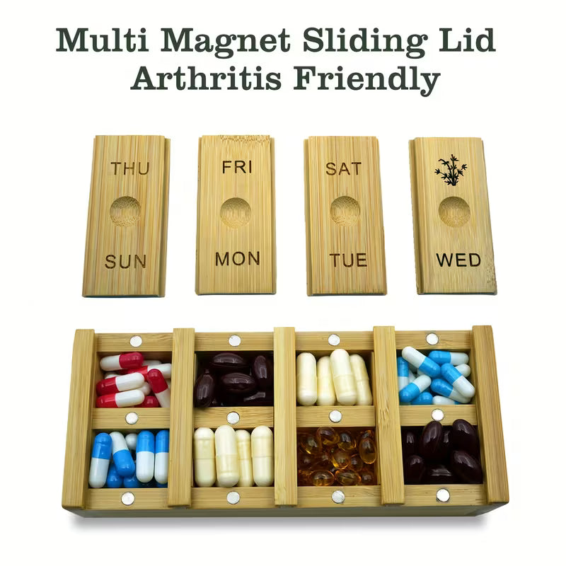 7-Day Bamboo Pill Organizer – Arthritis-Friendly Weekly Pill Box Peaceful Pleasures