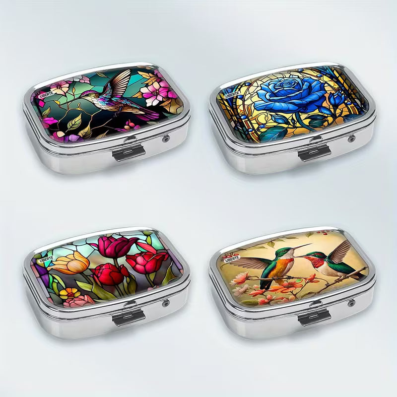 4pcs Flower & Hummingbird Metal Pill Box, Double Compartment Peaceful Pleasures