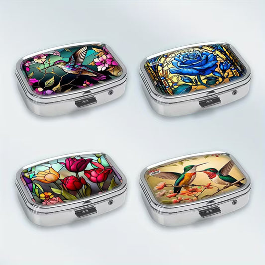 4pcs Flower & Hummingbird Metal Pill Box, Double Compartment Peaceful Pleasures