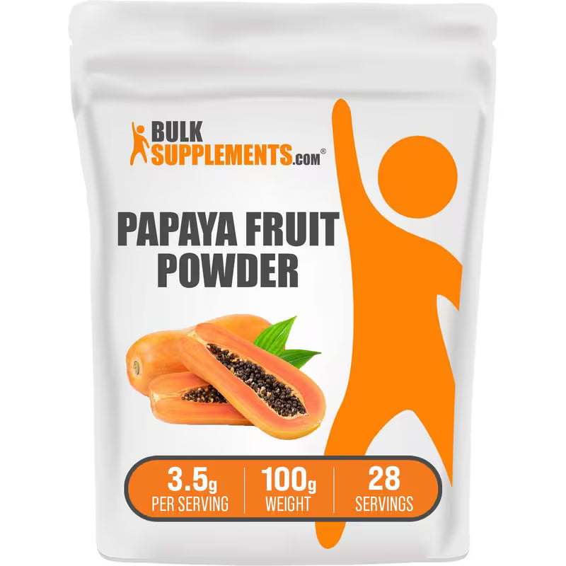 Pouch of Bulk Supplements Papaya Fruit Powder with nutritional information on a white background