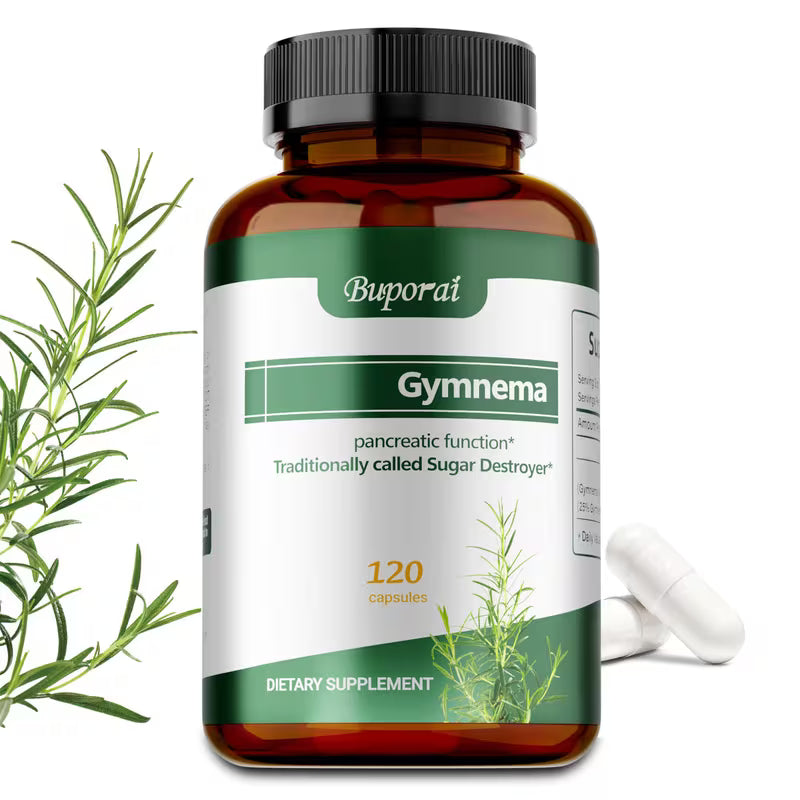 Buporai Gymnema dietary supplement bottle with greenery on a white background