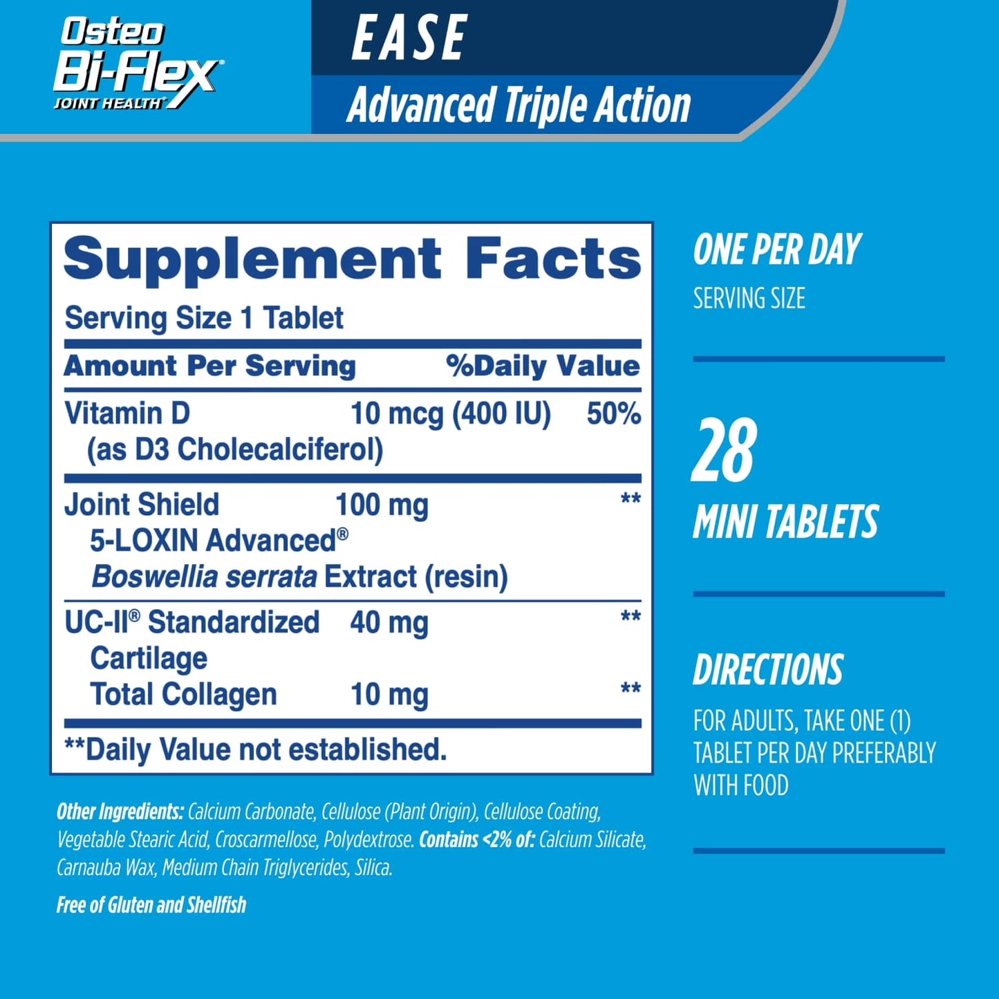 Supplement facts label for Osteo Bi-Flex EASE Advanced Triple Action on a blue background