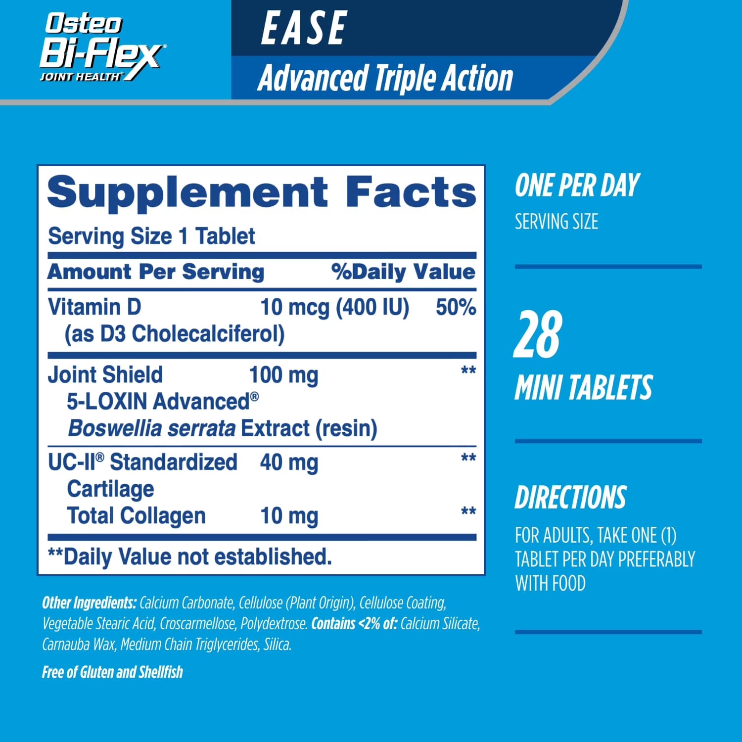 Supplement facts label for Osteo Bi-Flex EASE Advanced Triple Action on a blue background