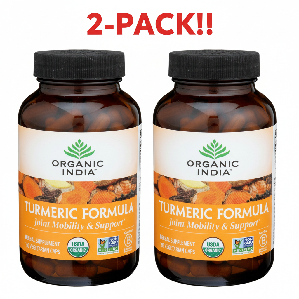 Two bottles of Organic India Turmeric Formula on a white background with '2-Pack!!' text.