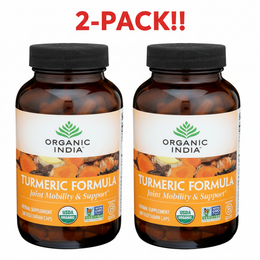 Two bottles of Organic India Turmeric Formula on a white background with '2-Pack!!' text.