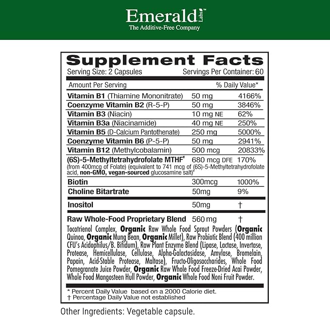EMERALD LABS B-Healthy - Vegan Vitamin B Complex - Includes Methylated Folic Acid & Full Spectrum B Vitamins - Supports Immune, Brain & Heart Health* - 120 Vegetable Capsules