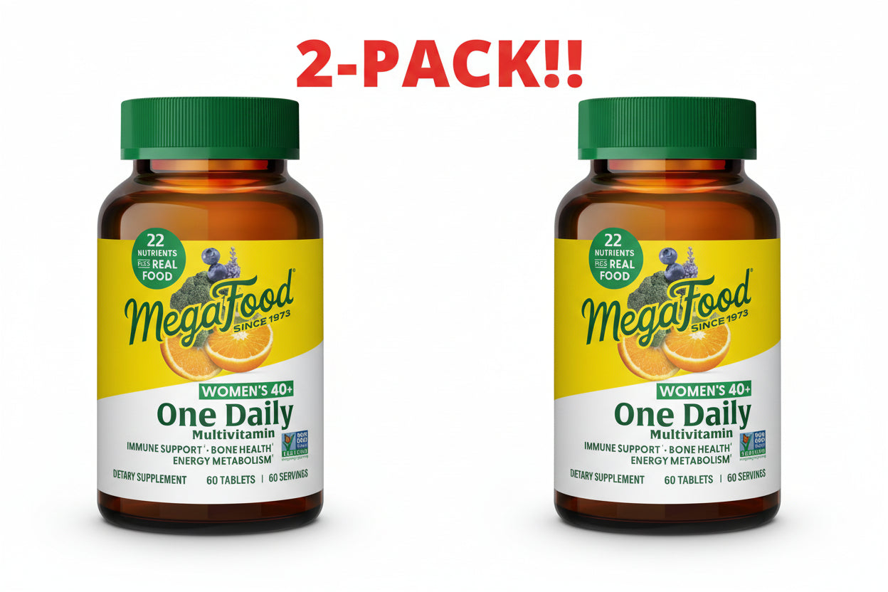 Two bottles of MegaFood Women's 40+ One Daily Multivitamin on a white background with '2-Pack!!' text.
