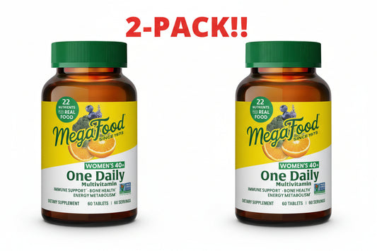 Two bottles of MegaFood Women's 40+ One Daily Multivitamin on a white background with '2-Pack!!' text.