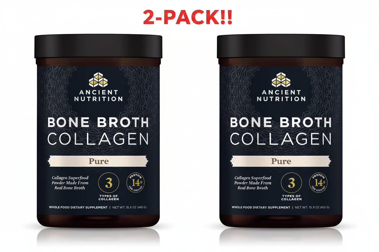 Two containers of Ancient Nutrition Bone Broth Collagen Pure on a white background