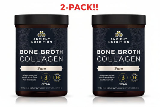 Two containers of Ancient Nutrition Bone Broth Collagen Pure on a white background