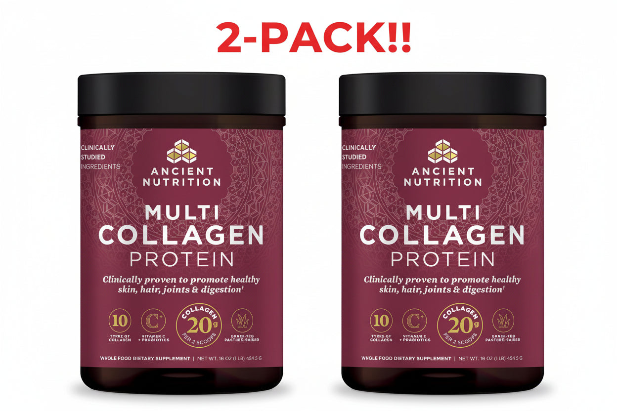 Two containers of Ancient Nutrition Multi Collagen Protein on a white background