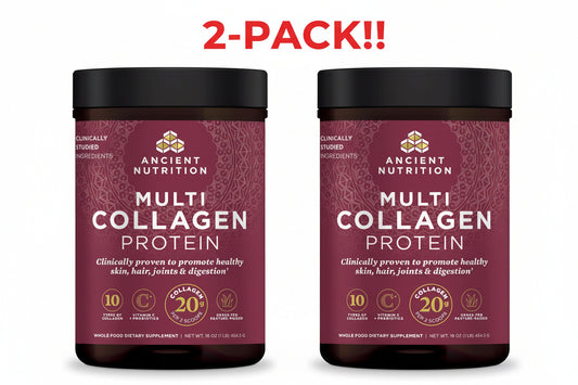 Two containers of Ancient Nutrition Multi Collagen Protein on a white background