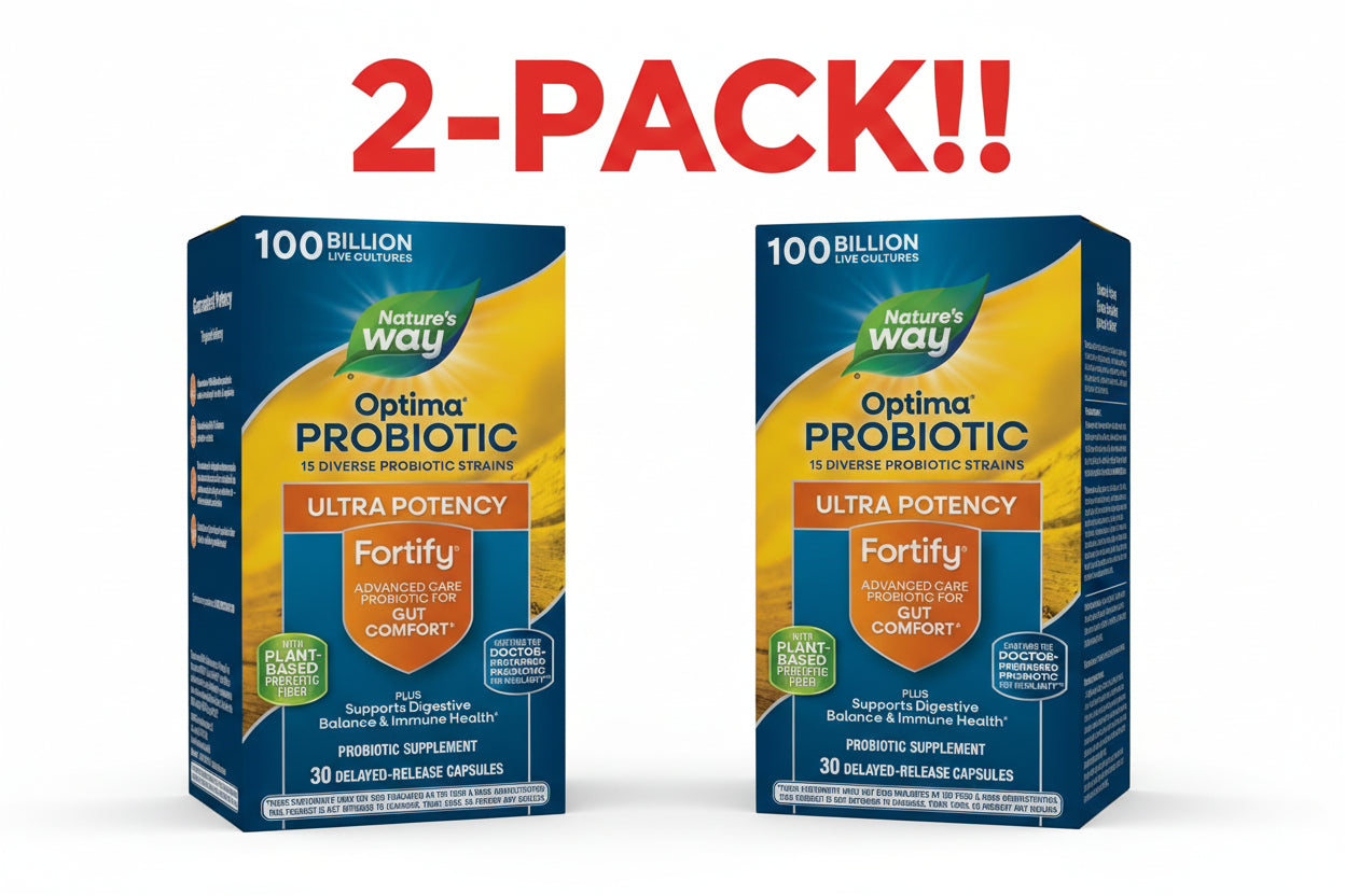 Two boxes of Nature's Way Optima Probiotic Ultra Potency on a white background with '2-Pack!' text above.