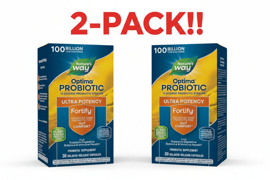 Two boxes of Nature's Way Optima Probiotic Ultra Potency on a white background with '2-Pack!' text above.