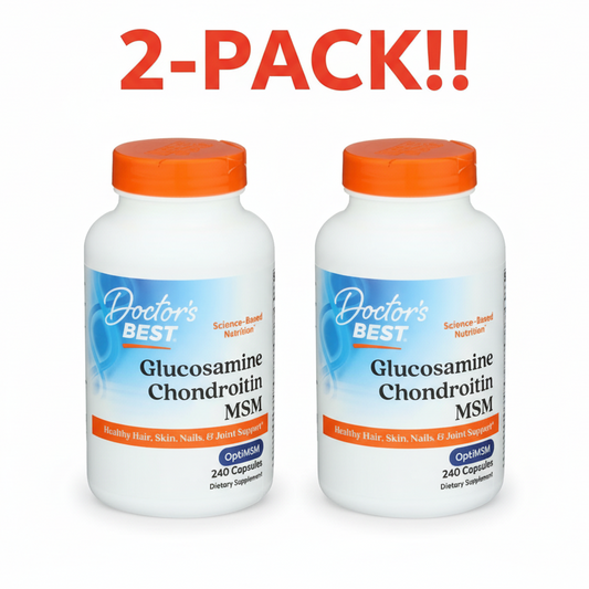 Two bottles of Doctor's Best Glucosamine Chondroitin MSM supplement with an orange cap on a white background.