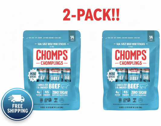 Two bags of Chomps Chomplings Mild Sea Salt Mini Beef Sticks side-by-side.