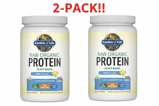 Two bottles of Garden of Life raw organic protein on a white background with '2-Pack!!' text above.