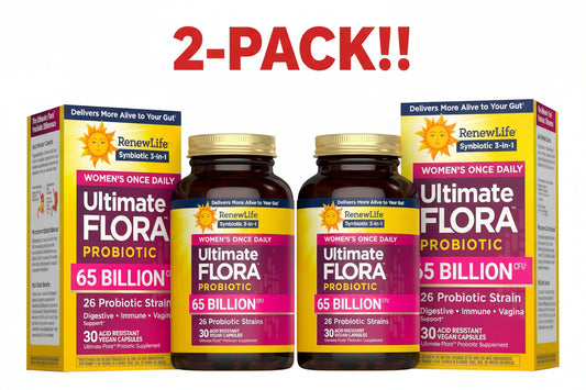 Two bottles and two boxes of Renew Life Ultimate Flora probiotic supplements on a white background.