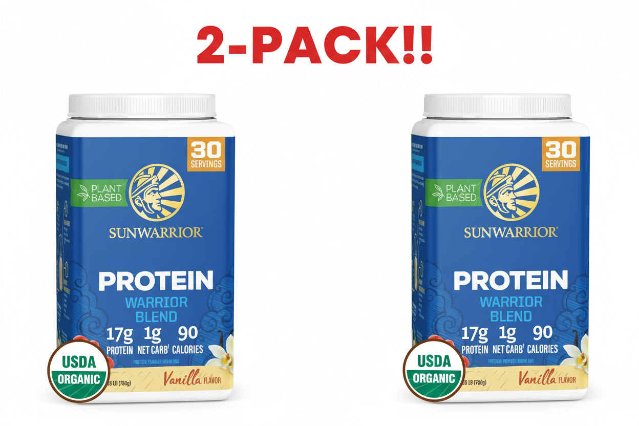 Two containers of Sunwarrior protein powder with a '2-Pack!' label on a white background.