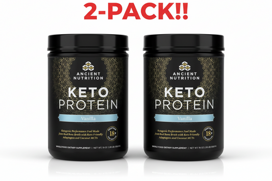 Two containers of Ancient Nutrition Keto Protein on a white background with '2-Pack!' text above.