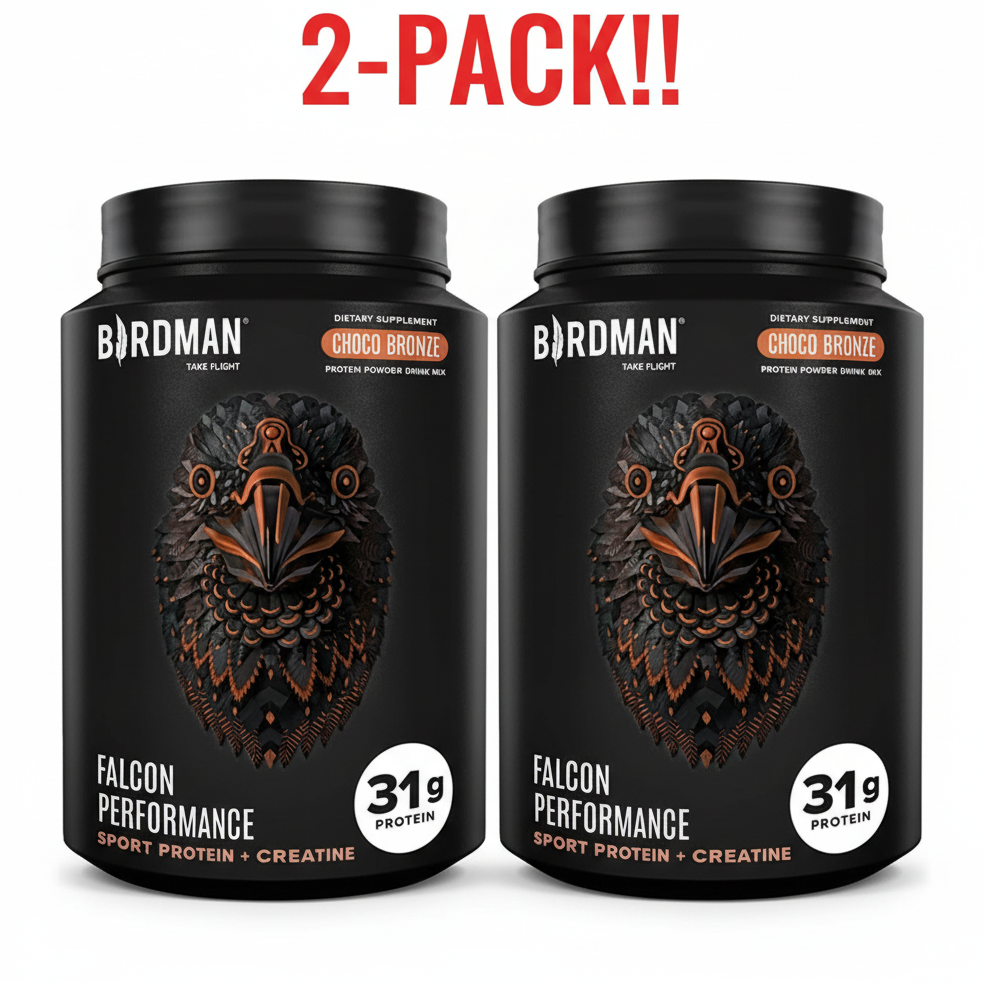 Two tubs of Birdman Falcon Performance Sport Protein and Creatine (Choco Bronze, 1.98 lb each) displayed together, clearly promoting the "Double Pack" and "All-in-One" claims.