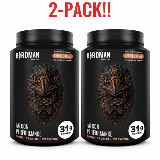 Two tubs of Birdman Falcon Performance Sport Protein and Creatine (Choco Bronze, 1.98 lb each) displayed together, clearly promoting the "Double Pack" and "All-in-One" claims.