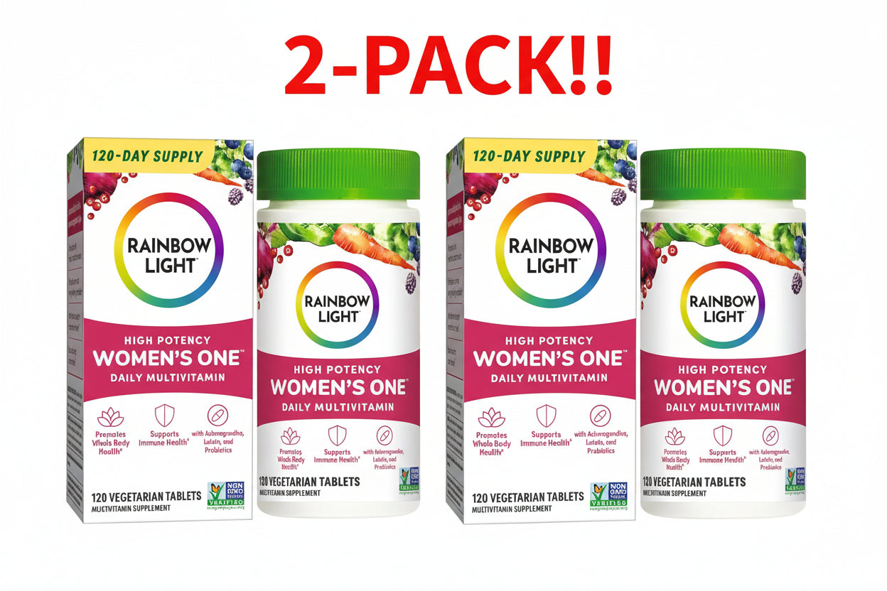 Two boxes and two bottles of Rainbow Light Women's One Daily Multivitamin on a white background with '2-Pack!' text above.