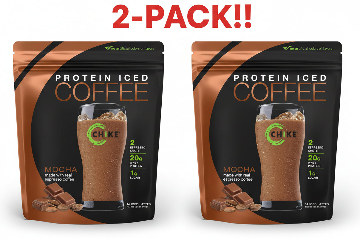Two packages of Chike Protein Iced Coffee Mocha on a white background with '2-Pack!!' text above.
