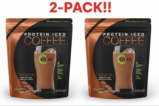 Two packages of Chike Protein Iced Coffee Mocha on a white background with '2-Pack!!' text above.